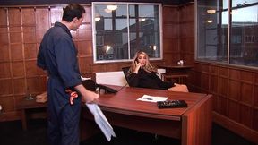 jordan kingsley gets bent over her desk and fucked by the janitor