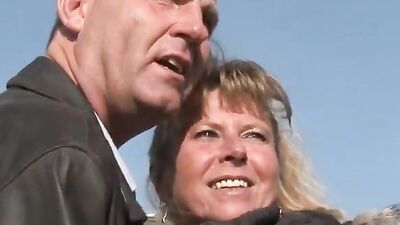 Petra Wegat's massive knockers get out for public anal and blowjob on wrecked rides