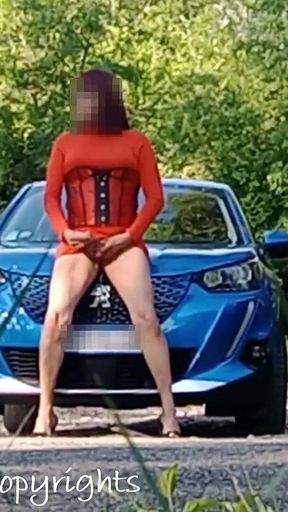 Outdoor Exhibition Pissing and I Jerk off Untill Anal Orgasm by the Road on Car Hood