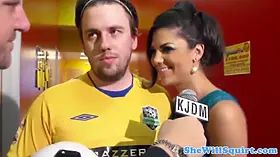 Gushing bigtit babe drinking cum