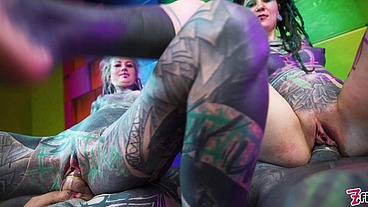 Two tattooed babes take on a pair of thick cocks