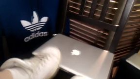 Apple MacBook worships Adidas Stan Smith white socks on twink boy's feet