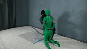 Bondage green zentai leather handcuffs in a vacuum bag