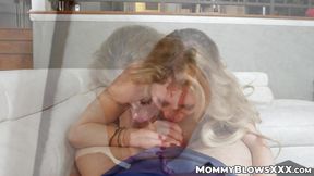 Blonde MILF Casca Akashova gives sloppy BJ on movie night