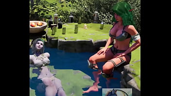 Elf girl and Dryad chill in the pond. Wild Sin