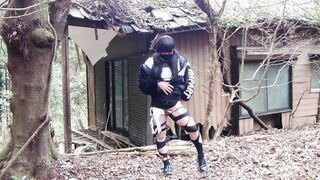 Onanism deviant transgender ripping clothes in an deprived mansion in the woods.