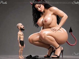 Huge She-devil Disrobes Topless for Her Tiny Bearded Guy - This man Kisses Her High Heel