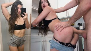 James Deen rumpe knuller små pupper brunette Abbie Maley og gir henne klissete anal creampie