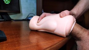 Man alone with large penis enjoys fleshlight and ejaculates inside