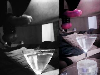 Biggest CUMLOAD in a martini-glas of WATER after stretching my balls