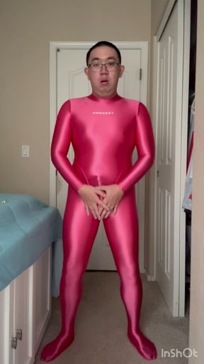 Rose Red Amoresy Spandex Suit, Hot Jerking Off with my Bulge, Boner, Ass, Condom and Cum