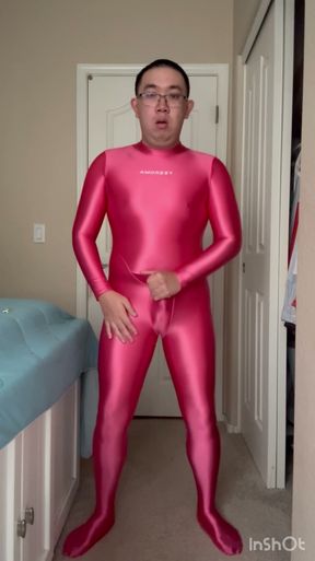 Rose Red Amoresy Spandex Suit, Hot Jerking Off with my Bulge, Boner, Ass, Condom and Cum