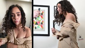 👗jules tries a beige button-down shirt 👡 with 👙a sexy mini skirt 👚cutie!!!