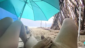 4K! MissCreamy Teacher Handjobs My Cock Under Public Beach Umbrella in Rain!