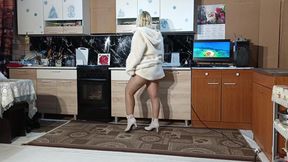 New Fur Coat - Posing on Kitchen.