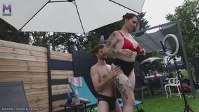 Beautiful MILF fists me OUTDOOR and destroys my ass with a massive dildo