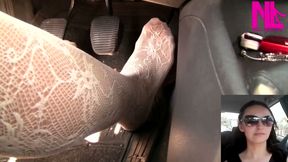 Driving and Pedal Pumping in White Embroidered Stockings