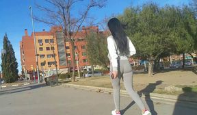 hot brunette round booty grey leggings