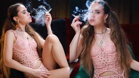 Melody smoking in pink lingerie