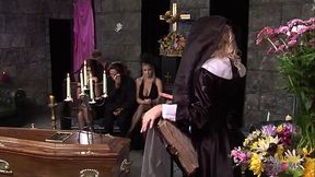 A sad church gathering turns into a foursome with the three nasty milfs with big boobs
