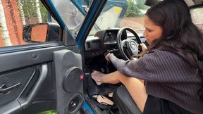 Pedal pumping, crainking, broken car wount start, barefoot pedal pumpig, high heels revving, girl cranking car