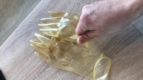 Put on my transparent LATEX GLOVES close up