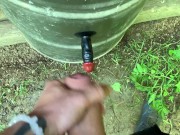 Perv farmer boy sucks and rides black dildo outdoor