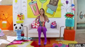 Kyler Quinn fucks Mike Adriano's big dick in her tight anal hole while wearing purple