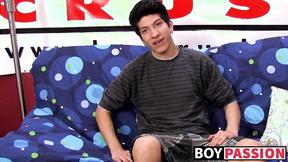 ”Interviewed young twink jerks off his huge dick & cums”
