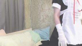 Blonde femboy maid strips down to striped panties teasing his tight ass