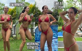 Morning Fitness in Hot Bikini, Sweating, Swimming