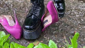 Ruined Iren Vartik high heels, broken high heels, high heels full destruction, high heels in mud, wet high heels, bending high heels, wrecked shoes, wrecked stilettos, Iren Vartik destruction, stomping high heels be boots