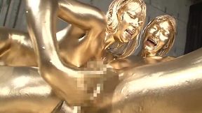 Hot Asian babes with painted bodies do lesbian rounds