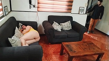 The stepson came home to find his stepmother on the couch, showing off her huge butt.