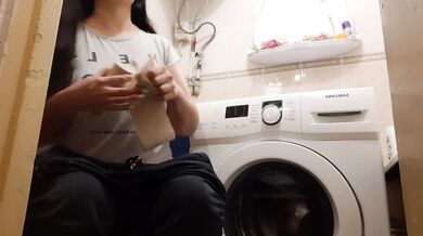 Brunette gets rough with me in the toilet then gags on my load