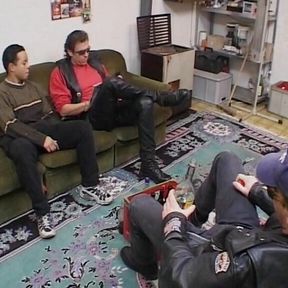 A cute German girl gets pleased by multiple horny dudes in the living room