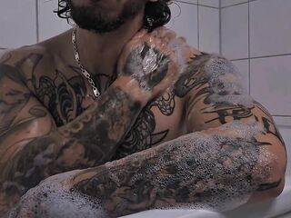 Sexy inked dude with mullet takes bathroom after banging blue haired gamer gf all day ????