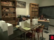 Jaquelin Braxton seduces her student and she fills his mouth with her hard cock. Her little student