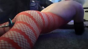 Sissy in red bodysuit gets pounded by bbc sextoy with fuck machine!
