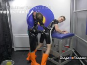 Two guys in tight shiny rubber & orange boots; arse fingering, jerking each other, dildos, rimming