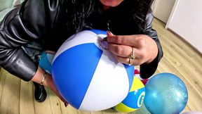 Inflatable Humiliation in Leather. Beach Ball Popping, Deepthroat, Doggy and Cum Play