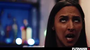 Curvy Black Beauty Takes Two Hard Dicks Simultaneously with Hot Futanari Action