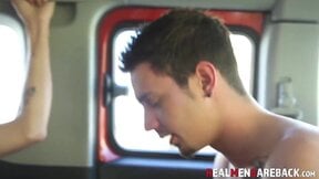 Real sex session with buff men practicing oral in car