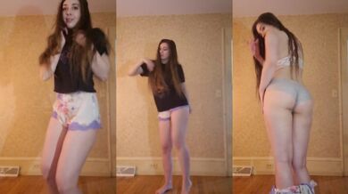 Saint Hotel brunette strips in her pajamas till she’s bare in just bra dancing for you