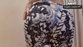 Twerking in gym shorts and bouncing his ass on the chair