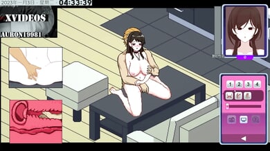 Anime-style hentai scene with brunette woman riding her partner in bed