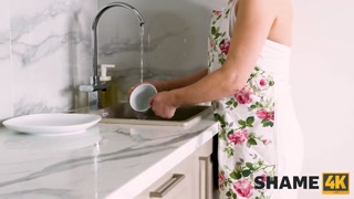 SHAME4K. Stud finds huge dildo in the mature lady's closet and fucks her hard