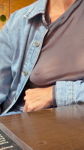Completely exposing my boobs and nipples in a sheer blouse in a public place   Clip 1