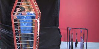 Caged boy is eager to experience his first maledom experience