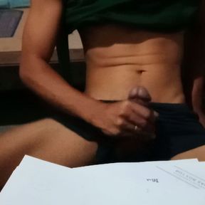 Student Asian made a cumshot on his studying time